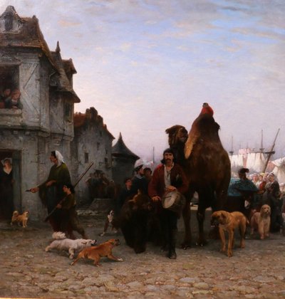 P.-A. Brunet-Houard 1827-1922 Tsiganes débarquant avec leurs animaux en Bretagne, tableau, 1873