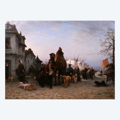 P.-A. Brunet-Houard 1827-1922 Tsiganes débarquant avec leurs animaux en Bretagne, tableau, 1873
