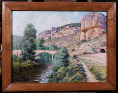 Auguste GAUDIBERT 1865-1908 Borgogna, Yonne, Arcy-sur-Cure, paesaggio, dipinto 1900 ca.