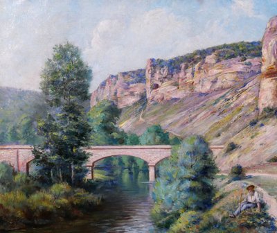 Auguste GAUDIBERT 1865-1908 Borgogna, Yonne, Arcy-sur-Cure, paesaggio, dipinto 1900 ca.