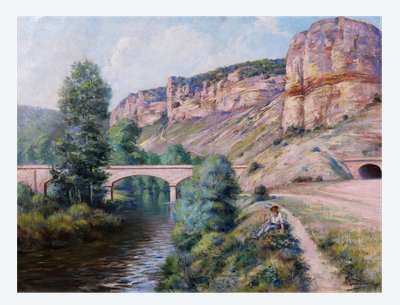 Auguste GAUDIBERT 1865-1908 Borgogna, Yonne, Arcy-sur-Cure, paesaggio, dipinto 1900 ca.