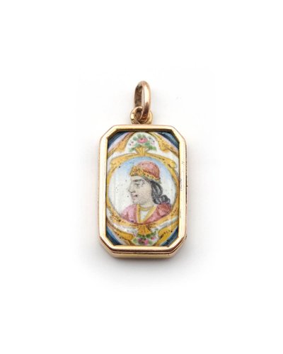 Pendentif portrait Qadjar en or 18k, portrait émail, Shah Qadjar, Ahmad Shah Qadjar 