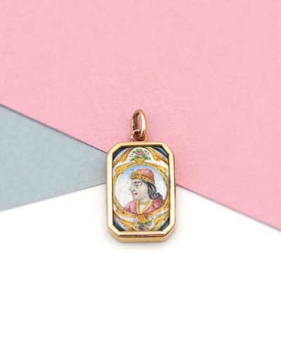 Pendentif portrait Qadjar en or 18k, portrait émail, Shah Qadjar, Ahmad Shah Qadjar 