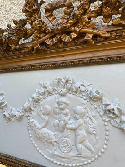 Specchio sovramantello in stile Luigi XVI in legno dorato con foglia d'oro, 74x150cm