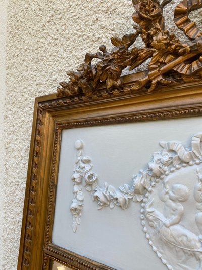 Specchio sovramantello in stile Luigi XVI in legno dorato con foglia d'oro, 74x150cm