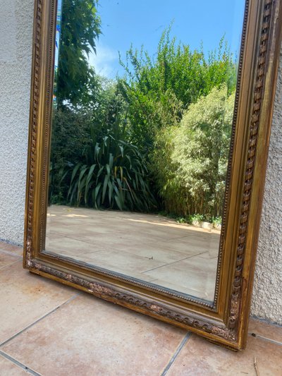 Specchio sovramantello in stile Luigi XVI in legno dorato con foglia d'oro, 74x150cm