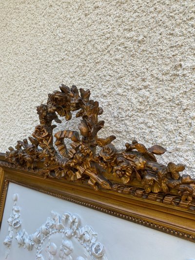 Specchio sovramantello in stile Luigi XVI in legno dorato con foglia d'oro, 74x150cm