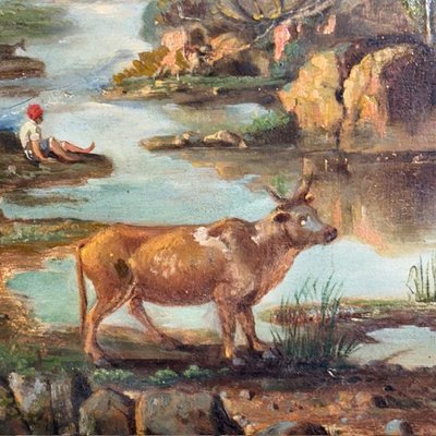 Peinture à l'huile sur panneau de la fin du XVIIIe siècle dans un cadre ancien. Paysage avec vaches au pâturage. 50 x