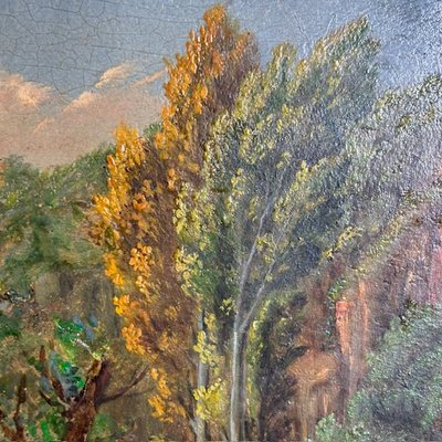Peinture à l'huile sur panneau de la fin du XVIIIe siècle dans un cadre ancien. Paysage avec vaches au pâturage. 50 x