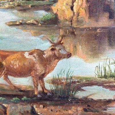 Peinture à l'huile sur panneau de la fin du XVIIIe siècle dans un cadre ancien. Paysage avec vaches au pâturage. 50 x