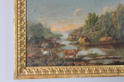 Peinture à l'huile sur panneau de la fin du XVIIIe siècle dans un cadre ancien. Paysage avec vaches au pâturage. 50 x