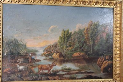 Peinture à l'huile sur panneau de la fin du XVIIIe siècle dans un cadre ancien. Paysage avec vaches au pâturage. 50 x
