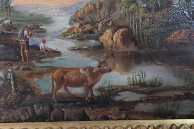 Peinture à l'huile sur panneau de la fin du XVIIIe siècle dans un cadre ancien. Paysage avec vaches au pâturage. 50 x