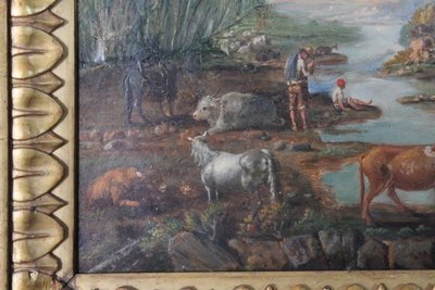 Peinture à l'huile sur panneau de la fin du XVIIIe siècle dans un cadre ancien. Paysage avec vaches au pâturage. 50 x