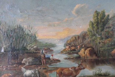Peinture à l'huile sur panneau de la fin du XVIIIe siècle dans un cadre ancien. Paysage avec vaches au pâturage. 50 x