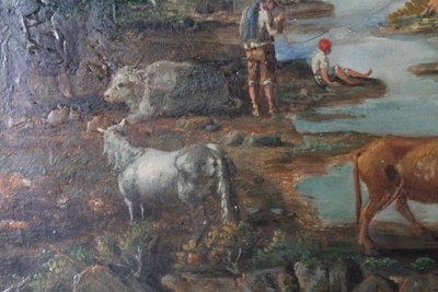 Peinture à l'huile sur panneau de la fin du XVIIIe siècle dans un cadre ancien. Paysage avec vaches au pâturage. 50 x
