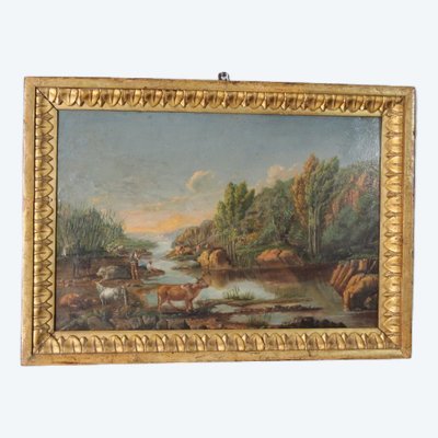 Peinture à l'huile sur panneau de la fin du XVIIIe siècle dans un cadre ancien. Paysage avec vaches au pâturage. 50 x
