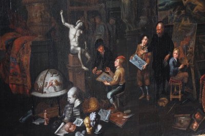 Ancienne peinture à l'huile flamande sur toile "atelier d'artista". 17ème siècle. Excellente qualité. Mis
