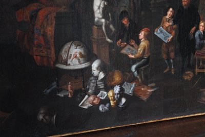 Ancienne peinture à l'huile flamande sur toile "atelier d'artista". 17ème siècle. Excellente qualité. Mis