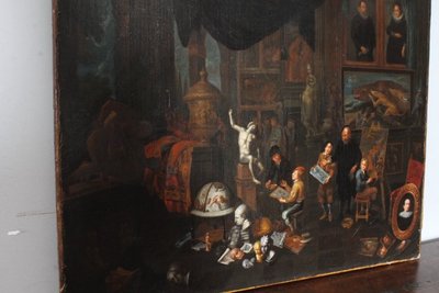 Ancienne peinture à l'huile flamande sur toile "atelier d'artista". 17ème siècle. Excellente qualité. Mis