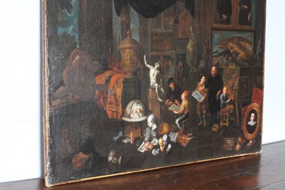 Ancienne peinture à l'huile flamande sur toile "atelier d'artista". 17ème siècle. Excellente qualité. Mis