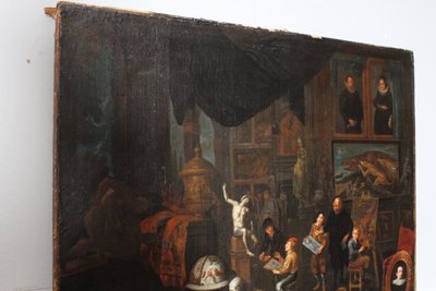 Ancienne peinture à l'huile flamande sur toile "atelier d'artista". 17ème siècle. Excellente qualité. Mis