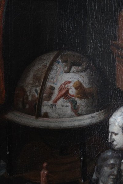 Ancienne peinture à l'huile flamande sur toile "atelier d'artista". 17ème siècle. Excellente qualité. Mis