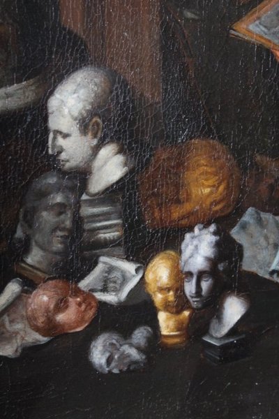 Ancienne peinture à l'huile flamande sur toile "atelier d'artista". 17ème siècle. Excellente qualité. Mis