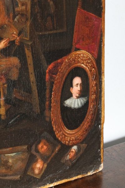 Ancienne peinture à l'huile flamande sur toile "atelier d'artista". 17ème siècle. Excellente qualité. Mis
