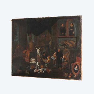 Ancienne peinture à l'huile flamande sur toile "atelier d'artista". 17ème siècle. Excellente qualité. Mis