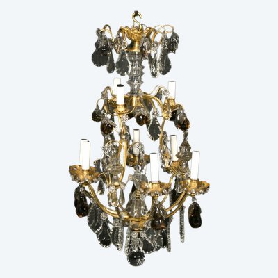 Lampadario a gabbia di frutta, cristallo molato e bronzo dorato, XIX secolo
