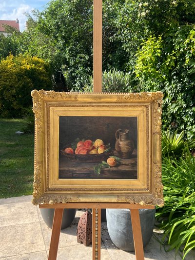 Still life with peaches and pitcher, Eugène Claude, late 19th century