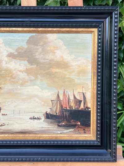 Marine animée au coucher du soleil – École hollandaise, XIXe siècle