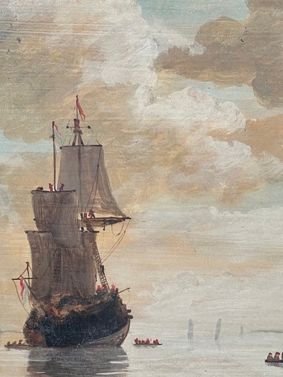 Marine animée au coucher du soleil – École hollandaise, XIXe siècle