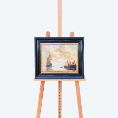Marine animée au coucher du soleil – École hollandaise, XIXe siècle