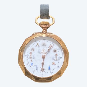 Gold watch with double case, elegant dial with Masonic symbols