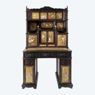 Japanese and English desk in black and red lacquer with gold lacquered panels and inlays, 19th century