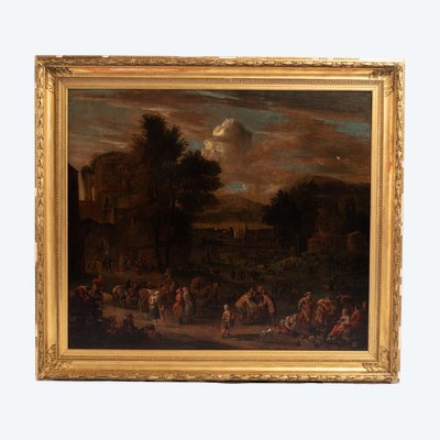 Attributed to Pieter Bout (1658-1719) and Adriaen Frans Van Bondewyns (1644-1711), "Peasants and Orientals at Market", 18th century