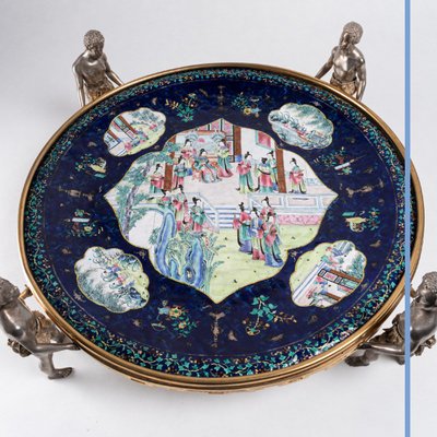 Canton polychrome enamel tray adorned with a gilt bronze and silver mount, 19th century