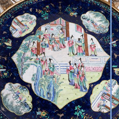 Canton polychrome enamel tray adorned with a gilt bronze and silver mount, 19th century
