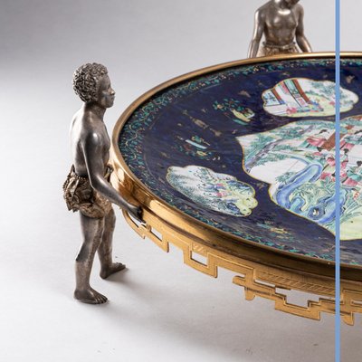 Canton polychrome enamel tray adorned with a gilt bronze and silver mount, 19th century