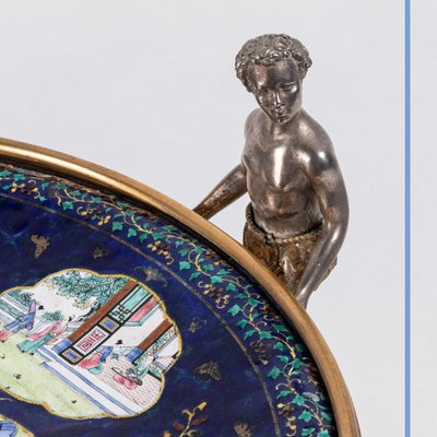 Canton polychrome enamel tray adorned with a gilt bronze and silver mount, 19th century