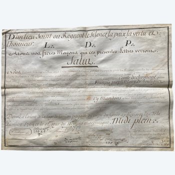 Diploma della Loggia "L'Union parfaite du corps du Génie" a Mézières nel 5769 - cioè 1769