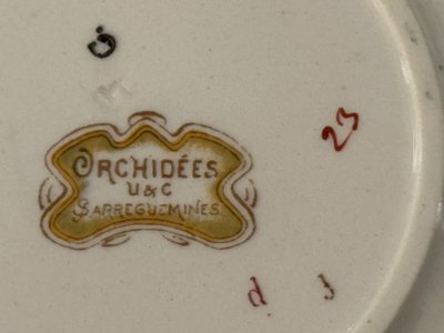 RARE and MAGNIFICENT Sarreguemines decorated with Orchids, Tea cup and saucer (3)