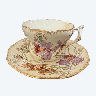 RARE and MAGNIFICENT Sarreguemines decorated with Orchids, Tea cup and saucer (3)