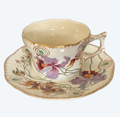 RARE et JOLIE Sarreguemines decor Orchids, Tea cup and saucer (4)