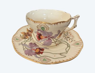 RARE and MAGNIFICENT Sarreguemines decorated with Orchids, Tea (or chocolate) cup and saucer (1)