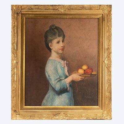 P. Norris (XIXe - XXe), Jeune fille aux pommes, huile sur toile, XXe