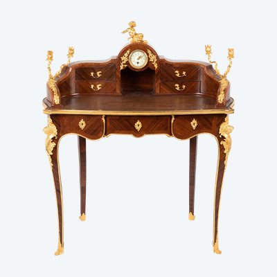 Lady's clock desk in precious wood marquetry and gilt bronze, 19th century