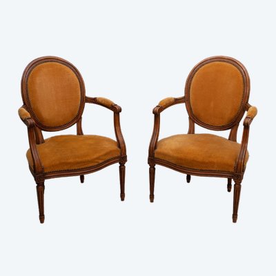 Paire De Fauteuils Cabriolets à Médaillons De Style Louis XVI